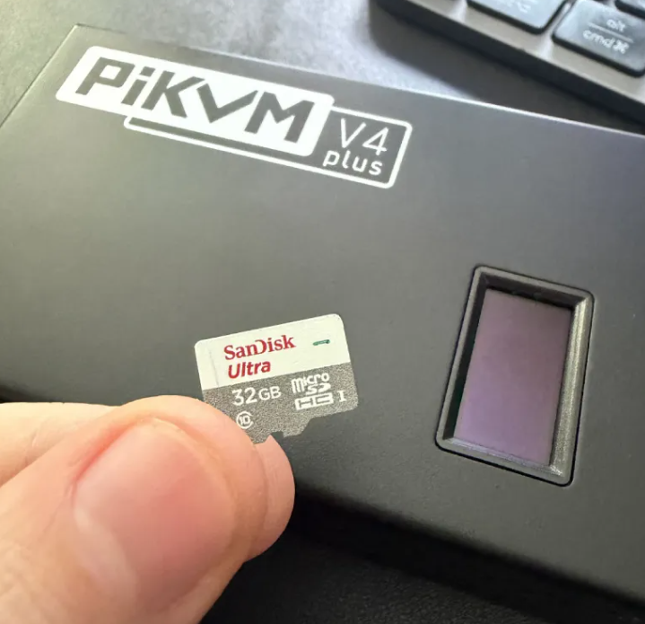 Macro photo pairing a genuine SanDisk microSD (from the PiKVM or JetKVM) against a generic no-name microSD (NanoKVM) and a soldered eMMC, so readers can see the difference in labeling.