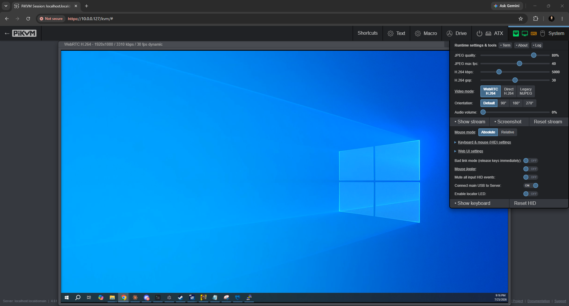 Screenshot of the PiKVM web UI mounting an ISO image as a USB drive for a remote OS install.