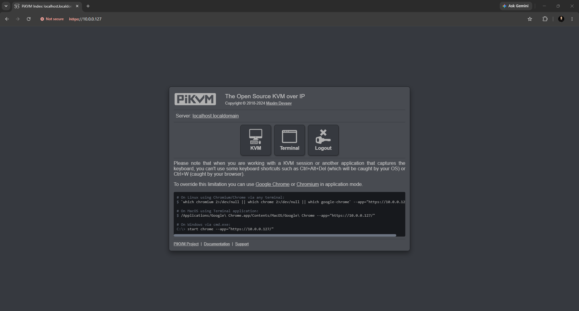 Screenshot of the PiKVM HTML5 web UI showing hardware-level access to a BIOS or boot screen from our unit.
