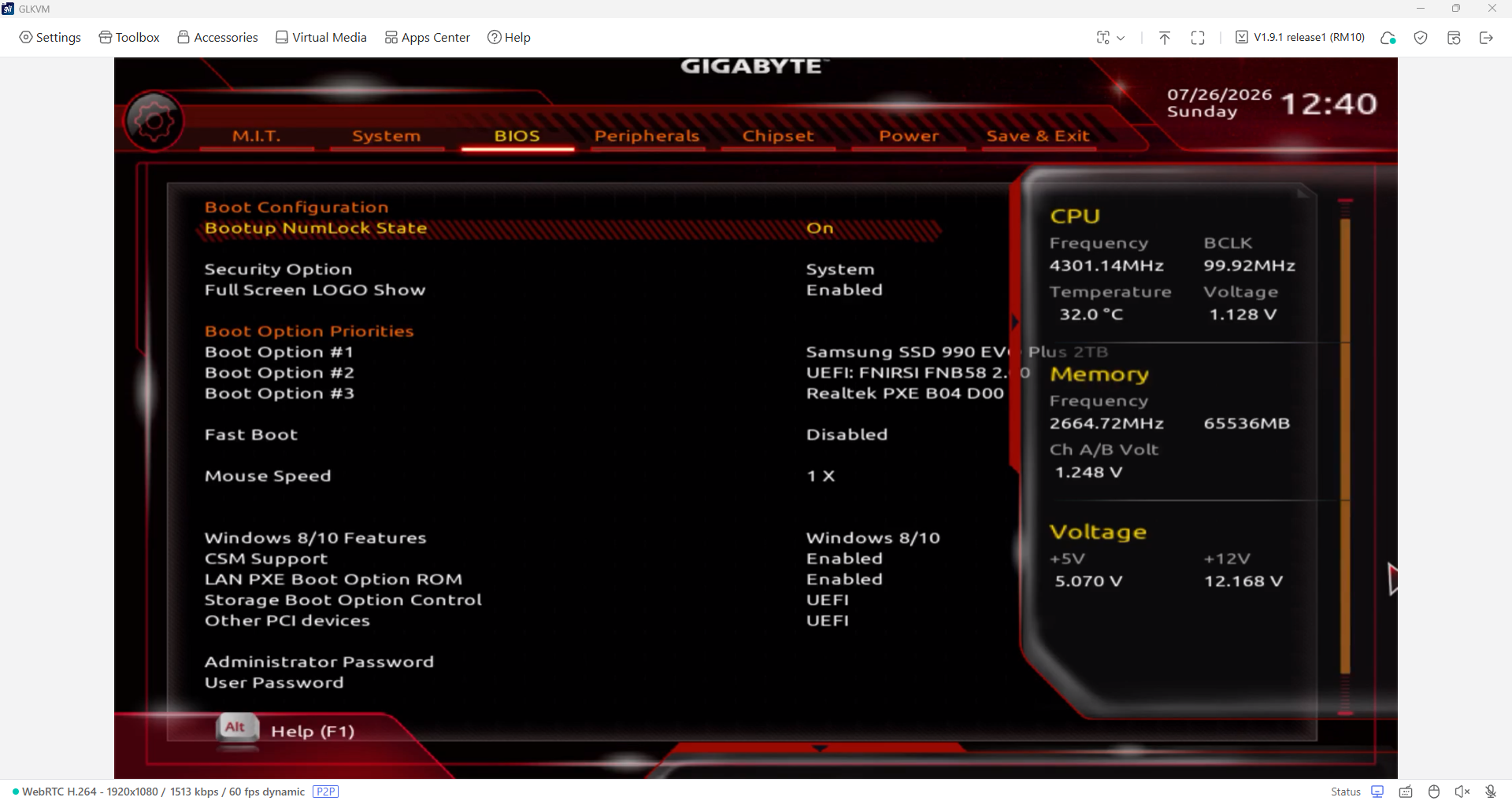 Browser window showing a remote machine's BIOS setup screen streamed through a KVM over IP web interface