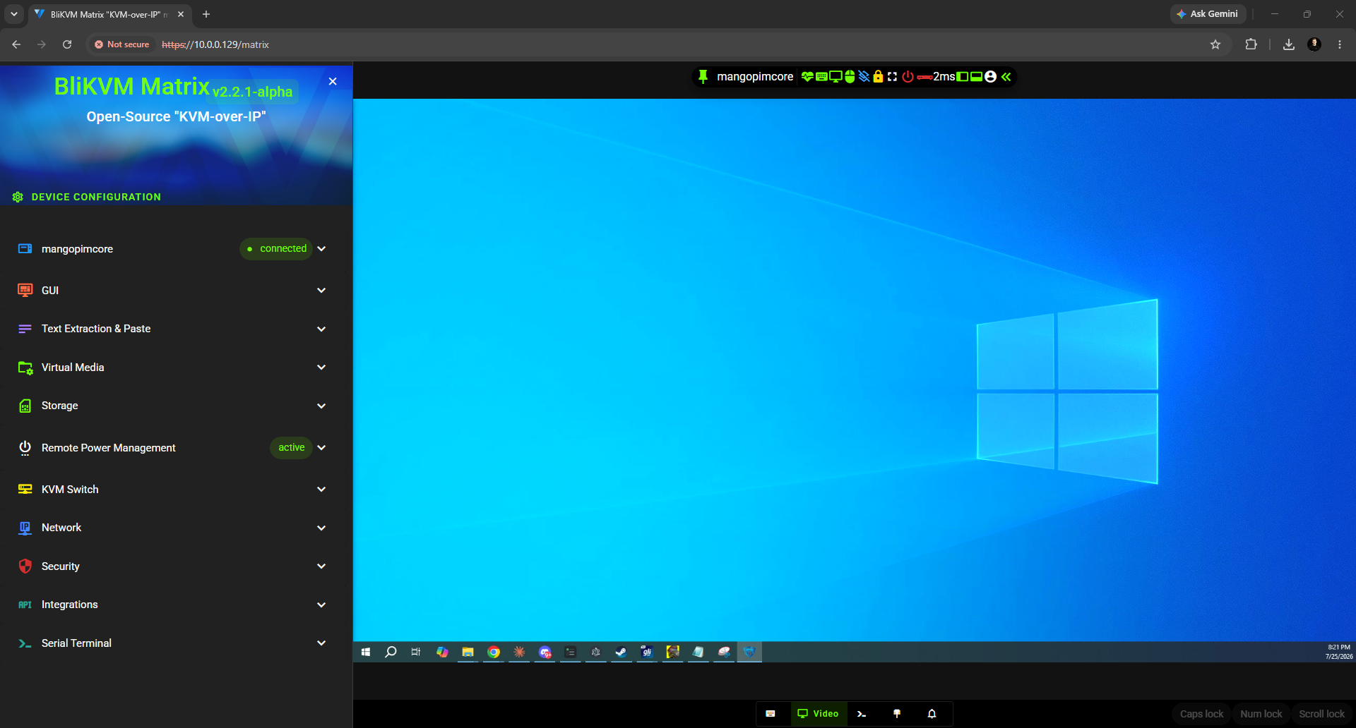 Screenshot of the TinyPilot web UI showing hardware-level BIOS access from our unit.