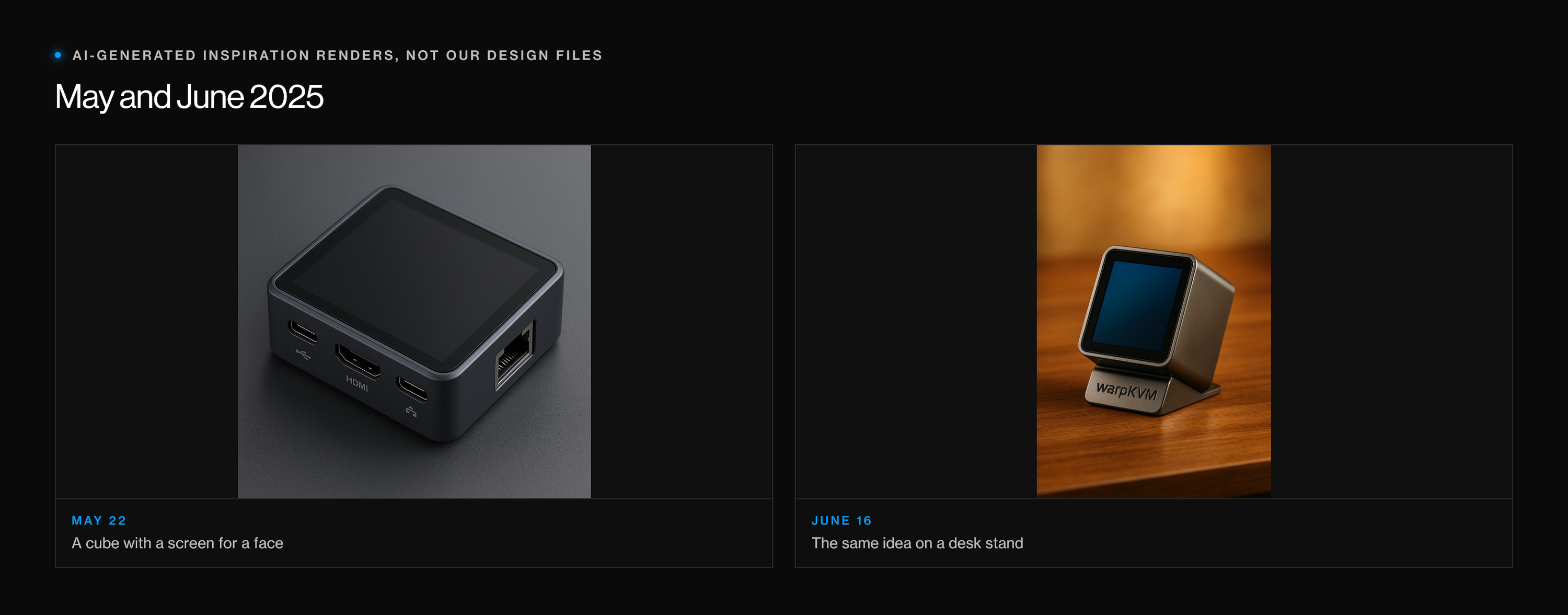 Two AI-generated renders: a dark cube with a touchscreen face and ports on the side, and a small screen on a desk stand with the WarpKVM name on its base