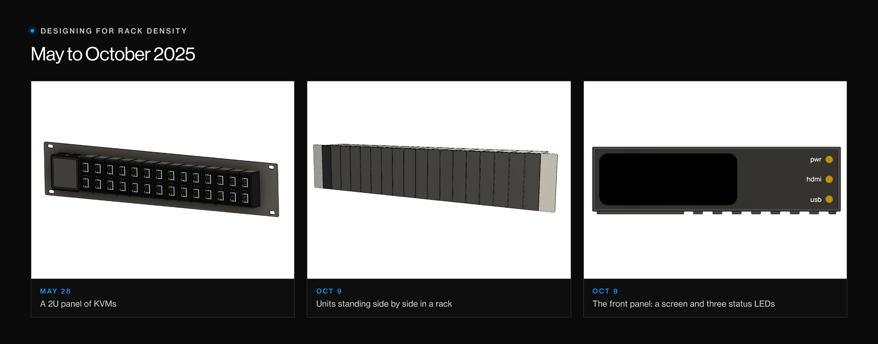 Three renders: a 2U rack panel full of KVM ports, a row of box units standing side by side in a rack, and a front panel with a screen and pwr, hdmi and usb status LEDs