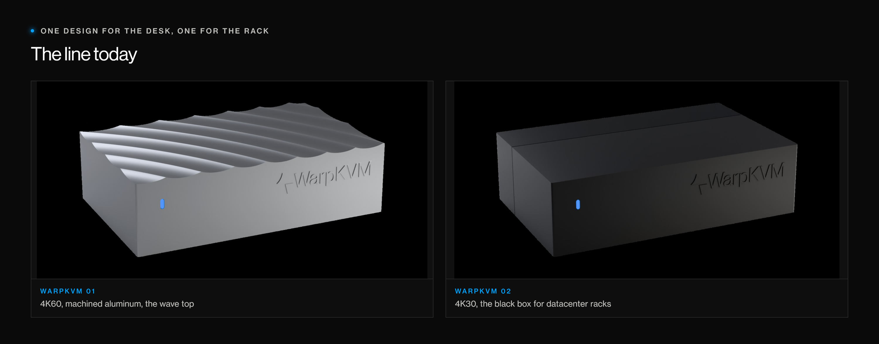 Two renders side by side: WarpKVM 01, a machined aluminum box with a wave-shaped top, and WarpKVM 02, a plain black box, both with the WarpKVM logo and a blue status LED