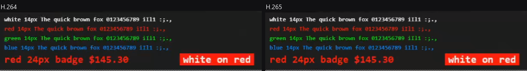 Matched crops comparing H.264 and H.265 output on the same JetKVM
