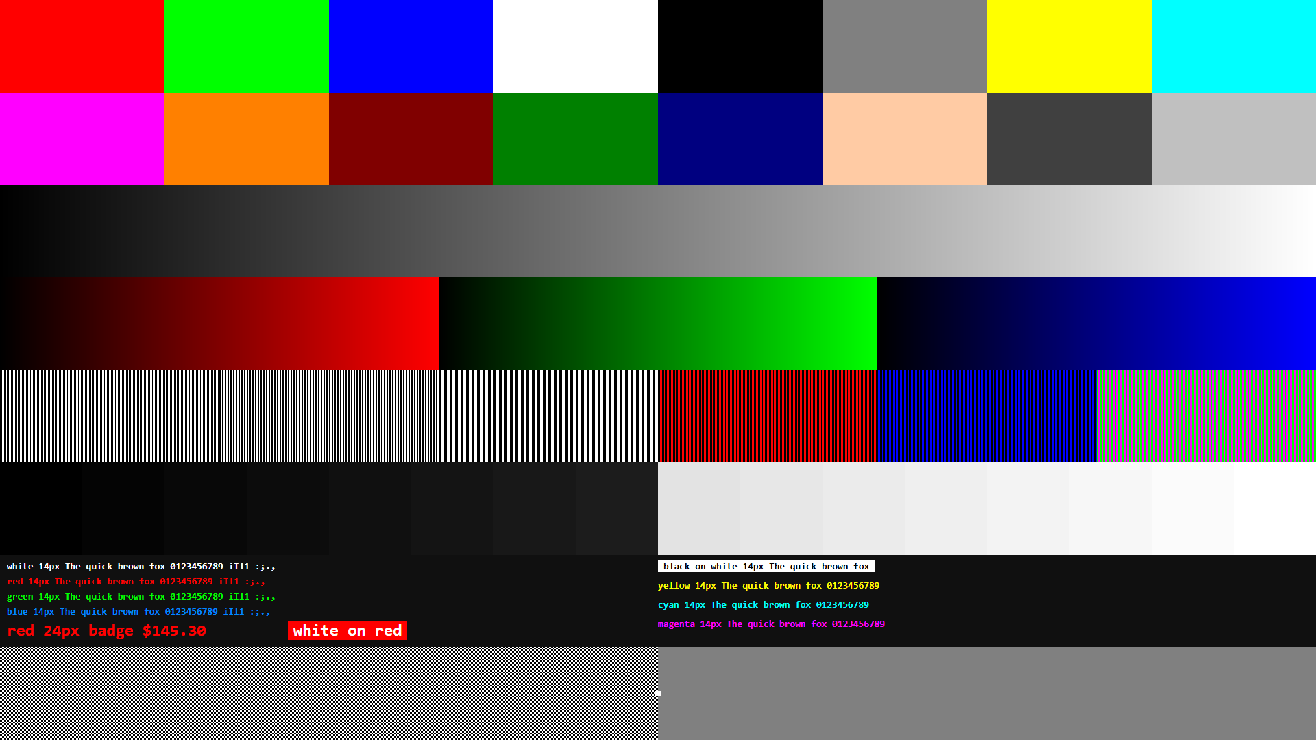 The reference test pattern sent identically through every device: colour blocks, grey and RGB ramps, one-pixel gratings, near-black and near-white steps, and small coloured text on black.