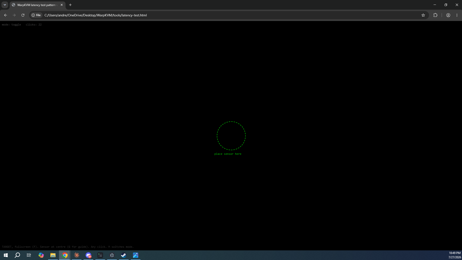 The flash-test page flipping color on a click, seen through the KVM