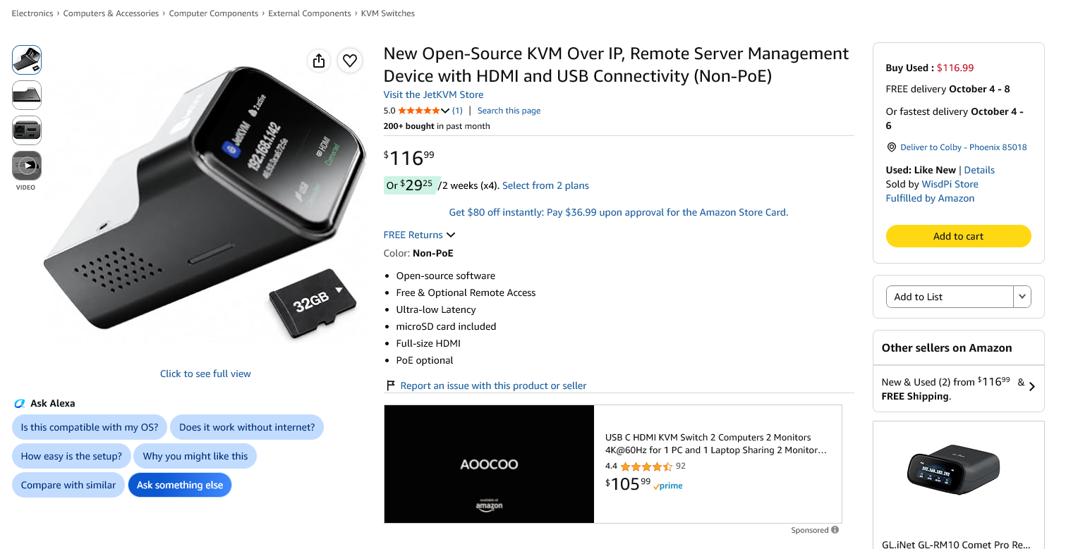 The official JetKVM Amazon listing showing the Visit the JetKVM Store link and WisdPi Store as the seller