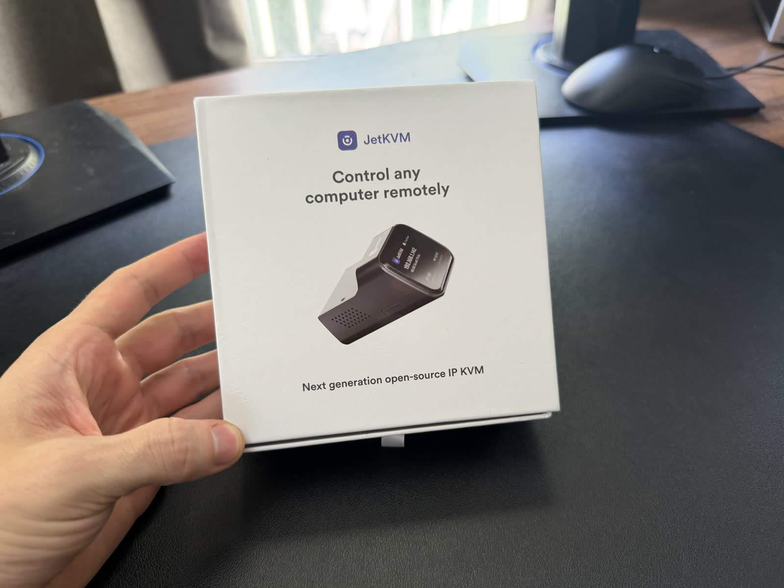 The JetKVM retail box as it arrives, so buyers can recognise genuine packaging.